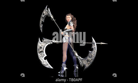 Antica warrior princess, femmina fantasy fighter in battaglia armor holding falce medievale lame, isolati su nero, rendering 3D Foto Stock