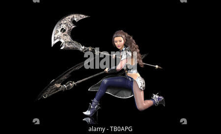 Antica warrior princess, femmina fantasy fighter in battaglia armor dimaneggio falce medievale lame, isolati su sfondo nero, rendering 3D Foto Stock