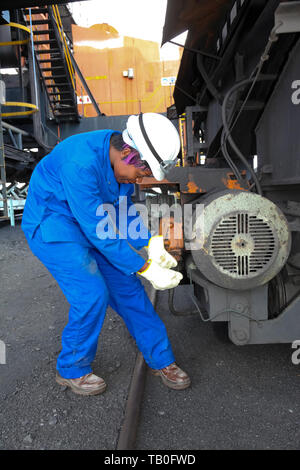 Johannesburg, Sud Africa - 12 Aprile 2012: femmina di controllo tecnico di apparecchiature a combustione di carbone della stazione di alimentazione Foto Stock