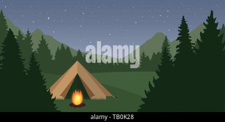 Tenda con il fuoco di notte nella foresta verde paesaggio e cielo stellato illustrazione vettoriale EPS10 Illustrazione Vettoriale