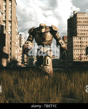 Un vecchio Robot a piedi nella città abbandonate,3d rendering Foto Stock