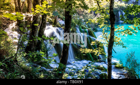 La cascata e il lago entro il colorato Parco Nazionale di Plitvice in Croazia Foto Stock