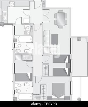 Illustrazione Vettoriale. Piano di casa con mobili disegnati e distribuzione. Illustrazione Vettoriale