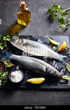 Due crudo fresco intero il branzino con grumo di ghiaccio, le fette di limone e le spezie e le erbe su una piastra di ardesia su un tavolo in cemento, verticale vista da sopra Foto Stock