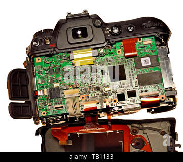 Il funzionamento di una fotocamera digitale (Nikon D200) con il retro rimossa Foto Stock