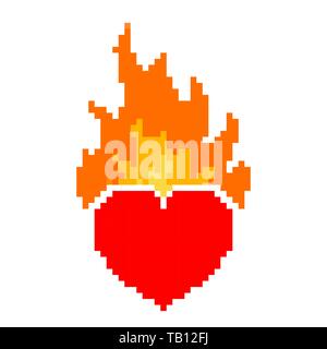 Pixel art design del cuore con la fiamma. Illustrazione Vettoriale. Cuore rosso con la fiamma in stile piatto isolato Illustrazione Vettoriale