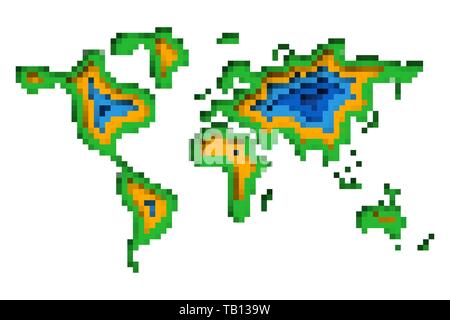 Pixel art design della mappa del mondo. Illustrazione Vettoriale. Colorata Mappa del Mondo in stile di pixel Illustrazione Vettoriale