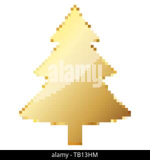 Oro albero di Natale in pixel art stile. Illustrazione Vettoriale. Isolato albero di Natale in stile piatto Illustrazione Vettoriale