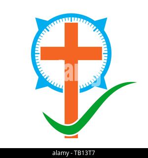 Colore Croce Cristiana icona con bussola. Illustrazione Vettoriale. Concetto simbolo cristiano nel design piatto. Illustrazione Vettoriale