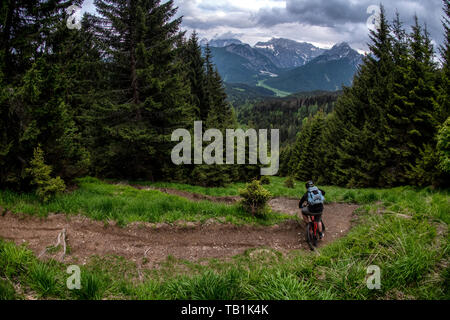 Un uomo corse in mountain bike verso il basso un ripido sentiero al di sopra di Kranjska Gora, una località alpina città nel nord-ovest della Slovenia. Foto Stock