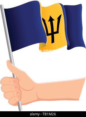 Mano azienda e sventolare la bandiera nazionale di Barbados. Ventole, giorno di indipendenza, concetto patriottico. Illustrazione Vettoriale eps, 10. Illustrazione Vettoriale