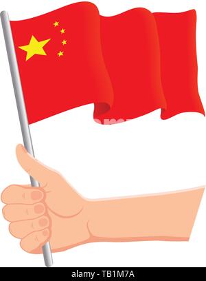 Mano che tiene e sventola la bandiera nazionale della Cina. Tifosi, giorno dell'indipendenza, concetto patriottico. Illustrazione vettoriale Illustrazione Vettoriale