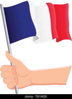 Tenere la mano e sventolare la bandiera nazionale della Francia. Tifosi, giorno dell'indipendenza, concetto patriottico. Illustrazione vettoriale Illustrazione Vettoriale