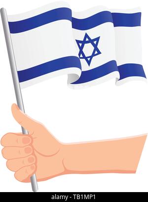 Mano che tiene e sventola la bandiera nazionale di Israele. Tifosi, giorno dell'indipendenza, concetto patriottico. Illustrazione vettoriale Illustrazione Vettoriale