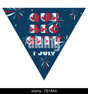 Felice giorno Canada holyday bandiera triangolare per festival planare tipografia moderna con nazionale rosso e il colore bianco su fective fuochi d' artificio sfondo blu. Illustrazione Vettoriale