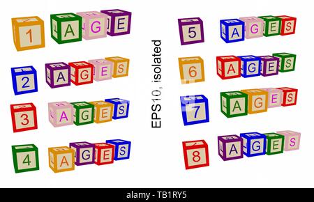 Linea di età, numeri di età. Illustrazione per libri o poster. Numeri e testo su blocchi o cubetti di bambino. Illustrazione Vettoriale