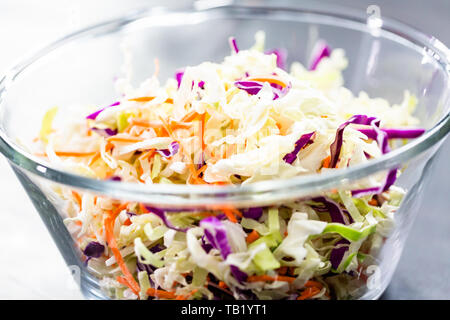Rendendo coleslaw fatti in casa in un recipiente di vetro. Foto Stock