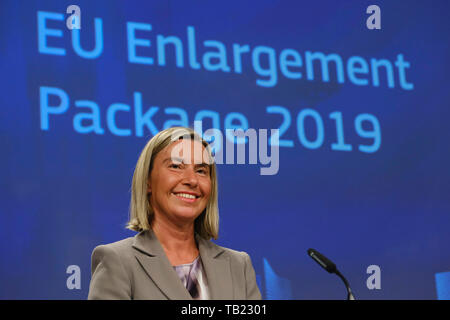 Bruxelles, Belgio. Il 29 maggio 2019. Alto rappresentante dell'UE per gli Affari Esteri e la sicurezza, Federica Mogherini dà una conferenza stampa sulla UE Pacchetto allargamento 2019. Credito: ALEXANDROS MICHAILIDIS/Alamy Live News Foto Stock