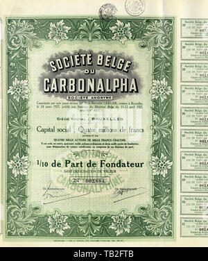 La quota storica certificato dal Belgio, miniere di carbonati, carbone, petrolio, gas e carbone, Historisches Wertpapier, Aktie, Bergbau von Carbonaten, Kohlenstoff, Erdöl, Erdgas und Kohle, Societe Belge du Carbonalpha, 1927, Brüssel, Belgien, Europa Foto Stock