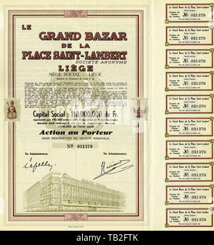 La quota storica certificato dal Belgio, centro shopping di Liegi, Historisches Wertpapier, Aktie, Einkaufszentrum in luttich, Le Grand Bazar de la Place Saint Lambert, 1944, Liege, Belgien, Europa Foto Stock