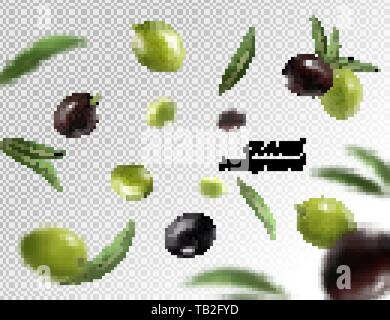Verde e olive nere isolato su sfondo bianco con percorso di clipping, close-up Illustrazione Vettoriale