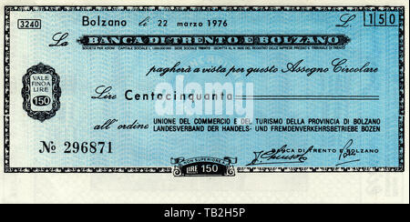 Miniassegni, Italiano bonifico bancario, vaglia postale con un valore basso, la Banca di Trento e Bolzano, Bolzano, Miniassegno, Italienische Bankanweisung, Geldanweisung oder Kleinscheck mit niedrigen Werten, eine arte Notgeld aus Papier, 150 Lire, 1976, Italien, Europa Foto Stock