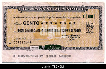 Miniassegni, Italiano bonifico bancario, vaglia postale con un valore basso, il Banco di Napoli, Neapel, Miniassegno, Italienische Bankanweisung, Geldanweisung oder Kleinscheck mit niedrigen Werten, eine arte Notgeld aus Papier, 100 Lire, 1976, Italien, Europa Foto Stock