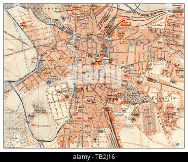 Mappa storica di Leipzig, Germania, secolo XIX, Historische, zeichnerische Darstellung, Landkarte, Stadtplan von Leipzig, Deutschland, 19. Jahrhundert aus Meyers Konversations-Lexikon, 1889 Foto Stock