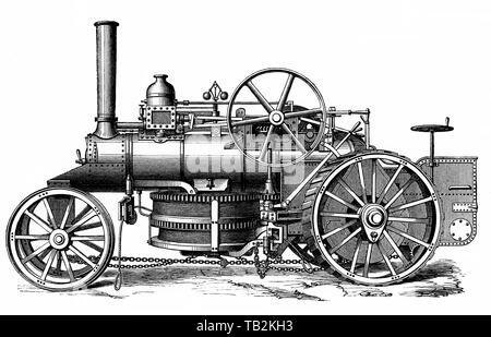 Aratro a vapore, trattore agricolo o motrice alimentato da un motore a vapore, secolo XIX, Historische, zeichnerische Darstellung, Dampfpfug, landwirtschaftliche Lokomotive oder Traktor von einer Dampfmaschine angetrieben, 19. Jahrhundert aus Meyers Konversations-Lexikon von 1890 Foto Stock