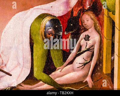 Hieronymus Bosch, il Giardino delle Delizie, pannello di destra, dettaglio, verde persona, pittura, circa 1480 Foto Stock