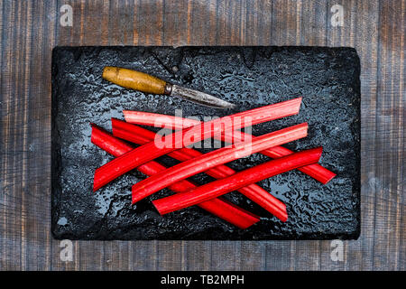 Angolo alto close up dei fusti di rabarbaro e il coltello sul nero ardesia. Foto Stock
