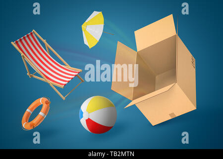 3D rendering di strisce di chaise-longue, salvagente, vento sfera, ombrellone e marrone vuoto cartone blu sul gradiente dello sfondo. Foto Stock