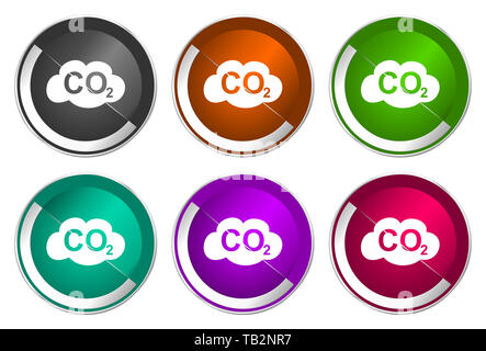 Il biossido di carbonio icon set color argento metallizzato pulsanti web Foto Stock