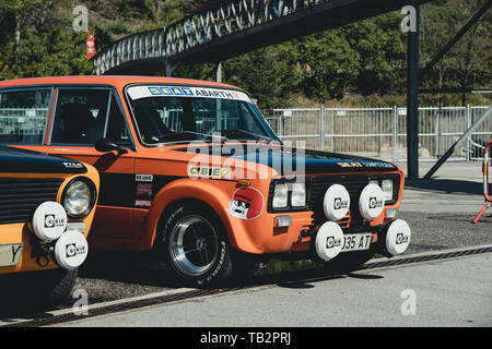 Sede 1430 FU Abarth a montjuic spirito circuito di Barcellona auto show. Foto Stock