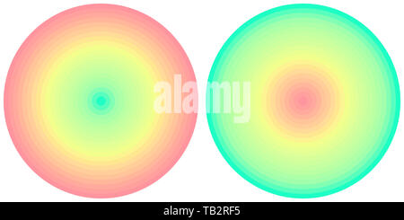 Set di 2 luminose iridato astratta gradiente radiale cerchi isolati su sfondo bianco. Texture con linee circolari. Brillanti modello di cerchio Foto Stock