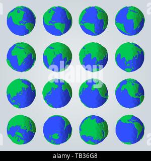 Set geometrico astratto del stile cartoon pianeta Terra per icone poligonale o illustrazioni geometrica Foto Stock