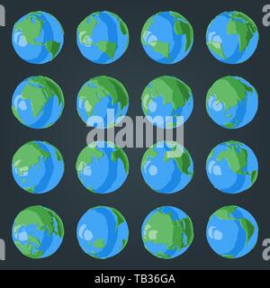 Set di cartoon globo 3D con green i continenti e gli oceani azzurri con effetto lucido per la Giornata della Terra illustrazioni Foto Stock