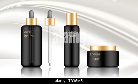 Set di modello di contenitore per cosmetici. Design nero con coperchi in oro. Vettore realistico mockup bianco su sfondo di seta. Illustrazione Vettoriale