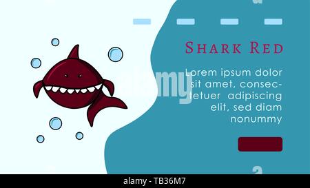 Landing page concetto. Red shark personaggio dei fumetti. Logo pesci e bolle. Mascotte. Sito Web o banner formato. Sfondo blu. Posto per testo e burgu Illustrazione Vettoriale