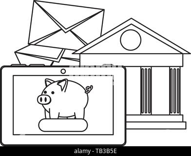 Tablet con piggy e bank building Illustrazione Vettoriale