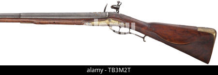 Un tedesco flintlock shotgun, circa 1760, Round barile con alesaggio liscio in 17 mm calibro finemente, puntinata completamente dalla superficie della camera. Al di sopra della camera oro intarsiato di Diego Esquibel contrassegni. Taglio leggermente flintlock. Legno di noce intagliato stock completo con tromba boccaglio. Mobili in ottone con resti di doratura, scene di caccia e di incisione ornamentali, sostituito bacchetta di caricamento in legno. Lunghezza 136 cm. Diego Esquibel, Madrid, menzionato 1694 - 1732, i suoi marchi, tuttavia, spesso sono state forgiate da contemporanei. civili armi lunghe, pistola, armi, armi, arma, braccio, storico, storico Additional-Rights-Clearance-Info-Not-Available Foto Stock