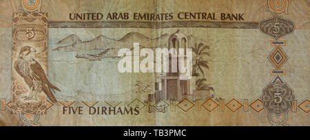 Valuta, Dubai, Emirati Arabi Uniti, cinque Dirham, la banconota Foto Stock