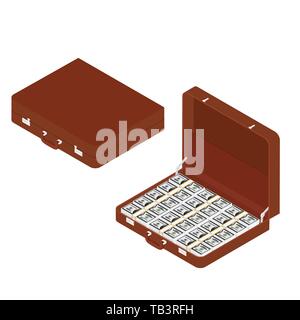 Aperto e Chiuso valigetta marrone con milioni di dollari vista isometrica Illustrazione Vettoriale