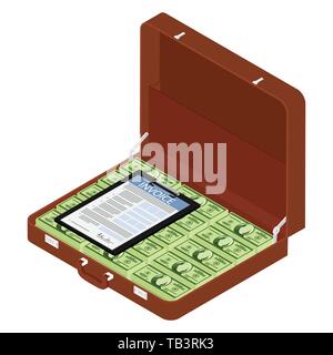 Valigetta marrone, diplomatico con milioni di dollari e documento fattura vista isometrica Illustrazione Vettoriale