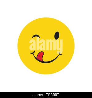 Yummy sorriso linea cartoon emozione con lingua leccare la bocca. Delizioso cibo gustoso mangiare gli Emoji faccia giallo su sfondo di design Illustrazione Vettoriale