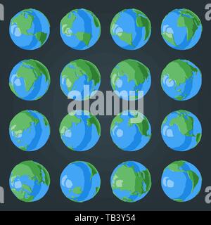 Set di cartoon globo 3D con green i continenti e gli oceani azzurri con effetto lucido per la Giornata della Terra illustrazioni Illustrazione Vettoriale