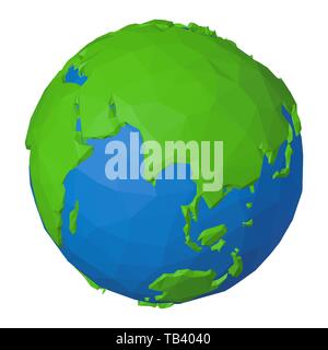 Forma poligonale 3D icona di Eurasia e Oceano Indiano sul pianeta Terra come concetto geometrico del globo in stile origami Illustrazione Vettoriale