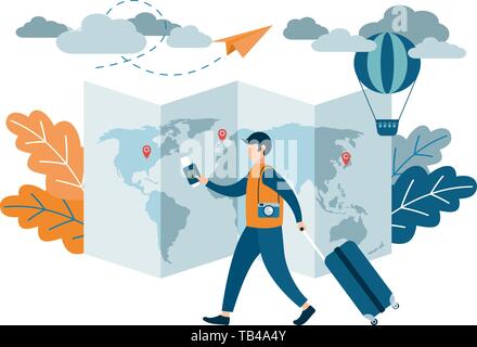 Le persone che viaggiano di design. Un uomo con una valigia in possesso di un passaporto e biglietti aerei. Appartamento illustrazione vettoriale. Illustrazione Vettoriale