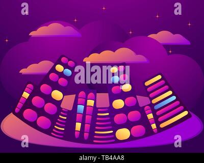 La città di notte con le nuvole e le stelle. Estate cityscape con gradiente colorati. Illustrazione Vettoriale Illustrazione Vettoriale