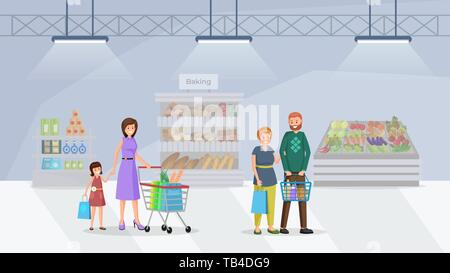 Gli amanti dello shopping nel supermercato piatta illustrazione vettoriale. I clienti che visitano il reparto di cottura nel centro commerciale per lo shopping. Madre e figlia spingendo il carrello completo, sposi l'acquisto di prodotti alimentari Illustrazione Vettoriale